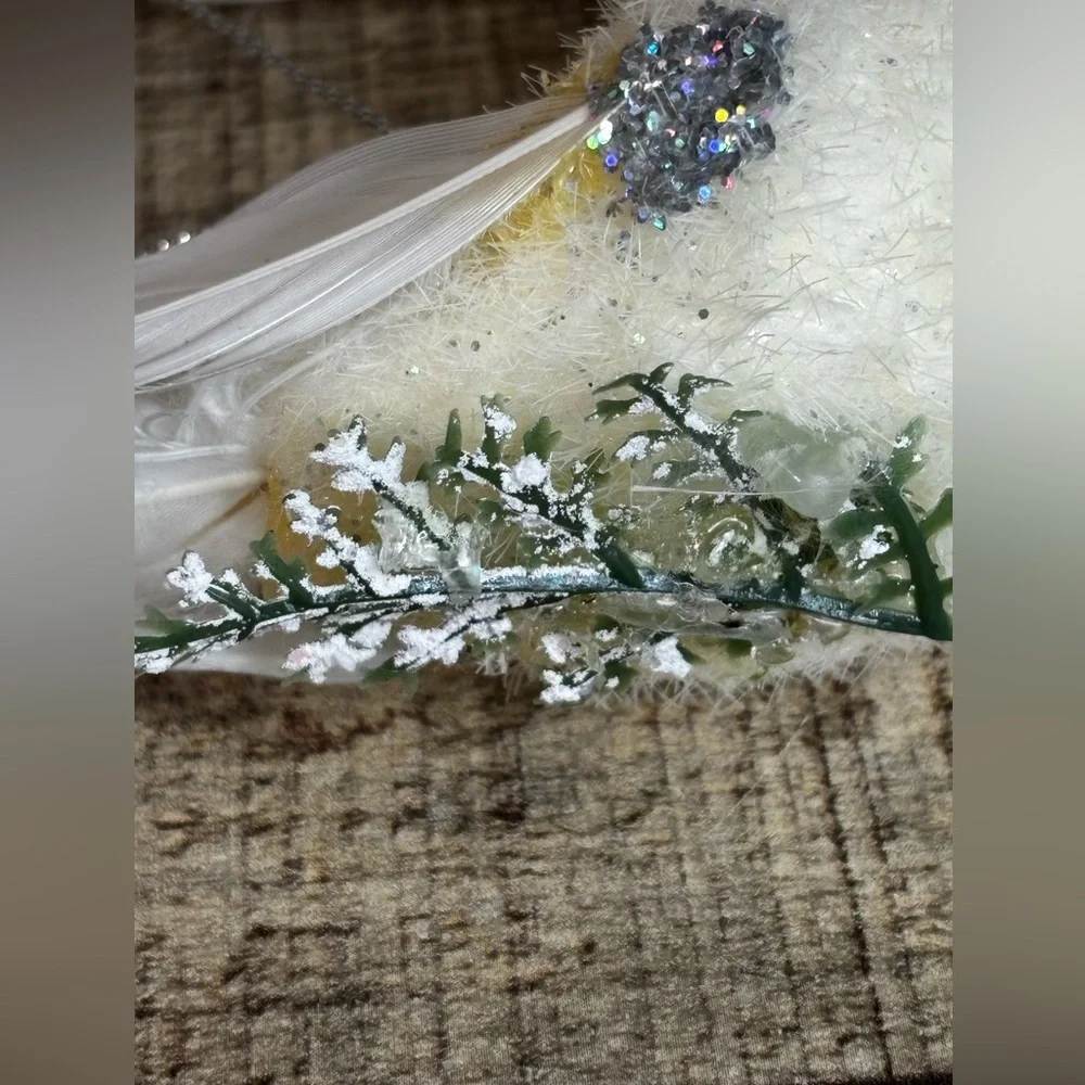 2 White Vintage Feathered Birds w/ Glitter Christmas Ornaments Hanging READ
